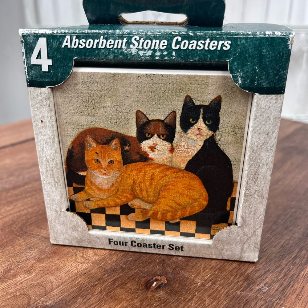 Cat-Themed Absorbent Stone Coasters Set